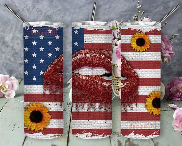 American Flag Lips 20oz Skinny Tumbler Png, 4th of July Tumbler, USA Independence Day Png, Sunflower American Flag Lips Png Sublimation DesignSVG 