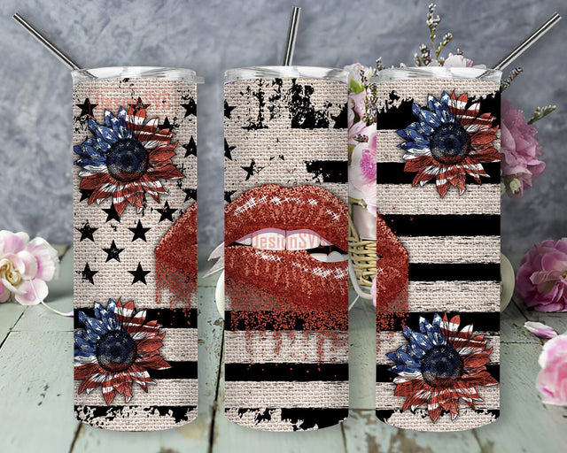 American Flag Lips 20oz Skinny Tumbler Png, 4th of July Tumbler, USA Independence Day Png, Sunflower American Flag Lips Png Sublimation DesignSVG 