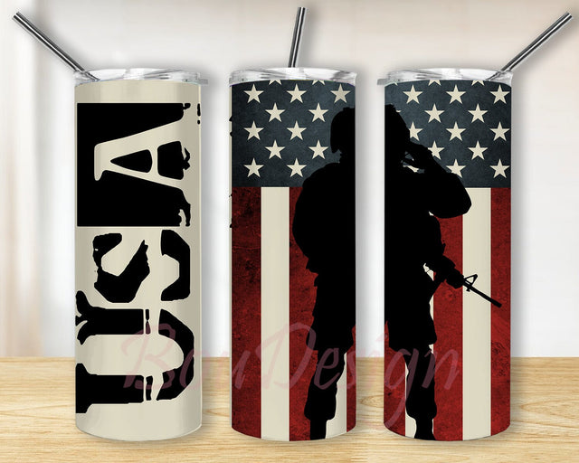 American Flag Military 20oz Skinny Tumbler Png, American Flag, Military Tumbler, Freedom Tumbler, Fathers Day Png Sublimation BouDesign 