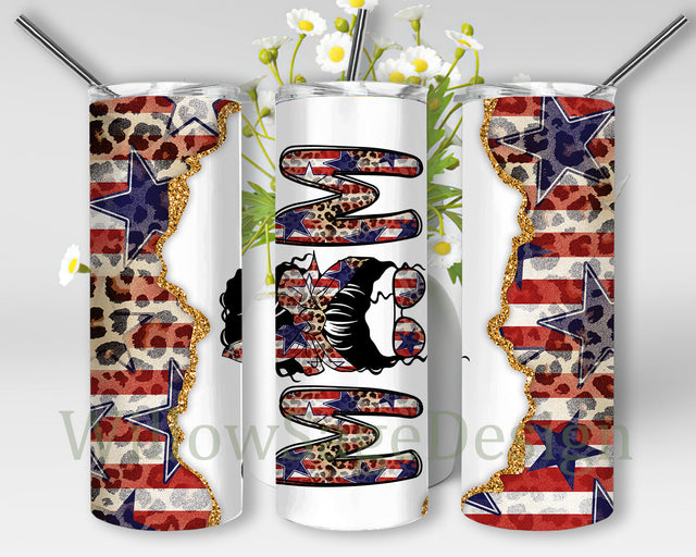 American Flag Mom Tumbler Design, Messy Bun Mom Leopard American Flag 20oz Skinny Tumbler, American Flag Leopard Glitter Full Tumbler Wrap, Patriotic Mom Sublimation Design, Instant Download Sublimation WillowSageDesign 