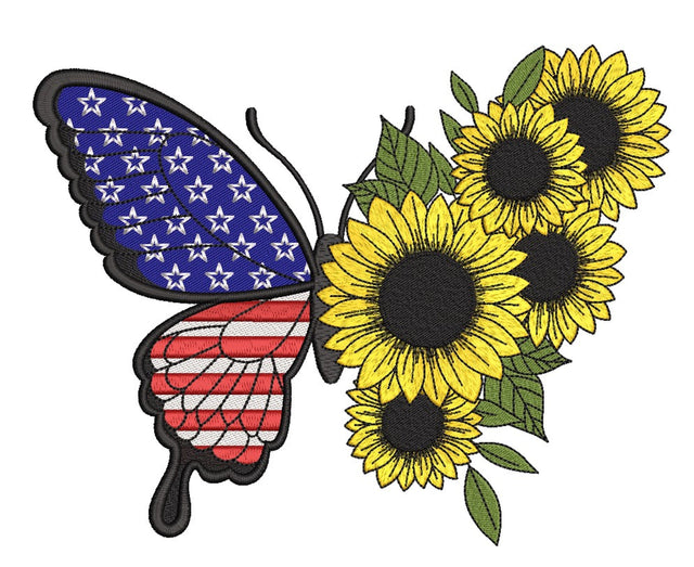 American Flag Sunflower Butterfly Machine Embroidery Design, 4 of July Embroidery File, 3 sizes Embroidery/Applique DESIGNS Nino Nadaraia 