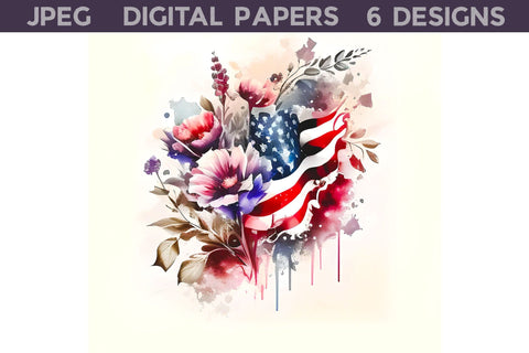 American Flag With Flowers Illustration Digital Pattern WatercolorColorDream 