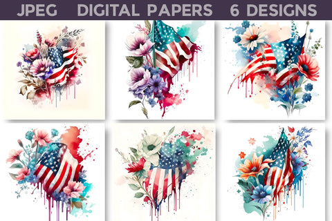 American Flag With Flowers Illustration Digital Pattern WatercolorColorDream 