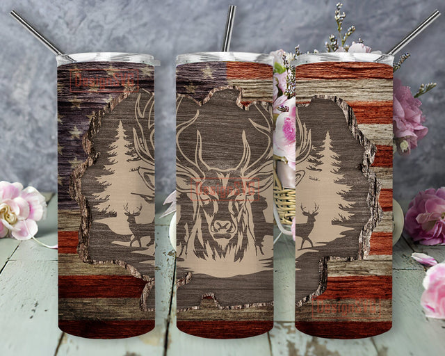 American Flag Wood Tumbler Wrap, Deer Hunting 20oz Skinny Tumbler, Deer Tumbler Png, Hunting Season Tumbler Design, Hunter Gift, Digital Download Sublimation DesignSVG 