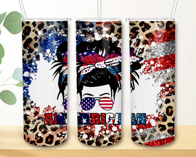 American Girl Leopard Glitter American Flag, Pink Painter,20oz Skinny Tumbler Veteran, 4th of July PNG Design Downloads Sublimation sassyprint 