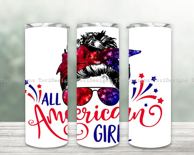 American Girl Messy Bun Tumbler, 4th of July Tumbler Sublimation Design, 20oz Skinny Tumbler Wraps Template PNG Instant Download Sublimation ToriDesigns 