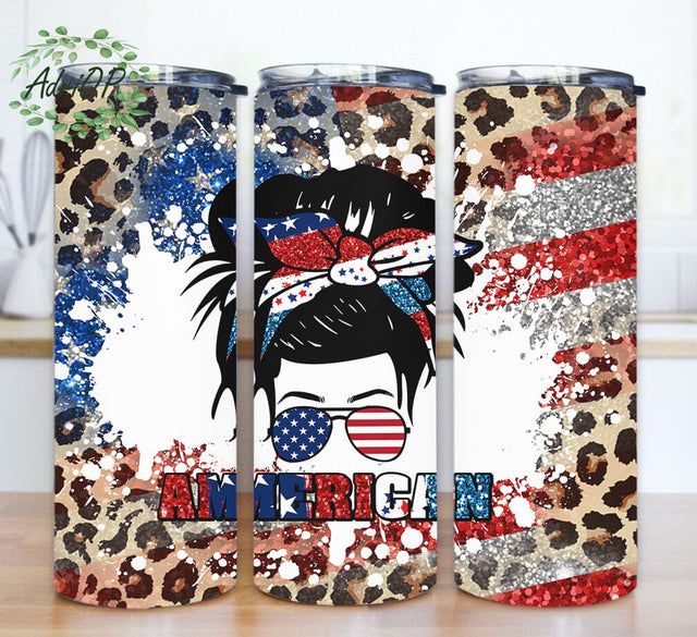 American Girl Tumbler Png, Messy Bun Girl 20oz Skinny Tumbler, American Flag Leopard Tumbler Wrap, 4th of July Tumbler Design, Patriot Girl Tumbler Template, Digital Download Sublimation AdriOP 