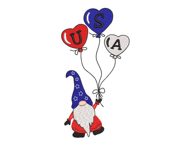 American Gnome with balloons, USA Embroidery/Applique DESIGNS Canada Embroidery 