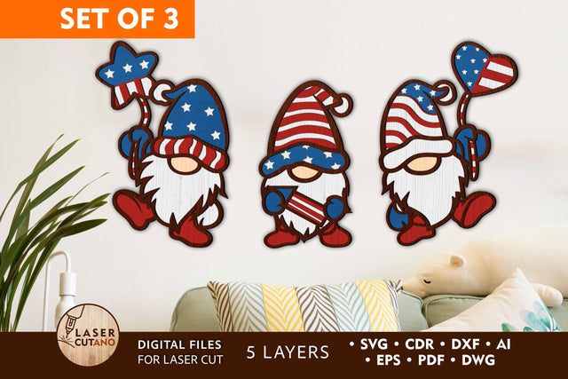 American Gnomes Patriotic Independence Day Decoration Multilayer Laser Cut Files, 3D Designs, Mini Design Bundles SVG LaserCutano 