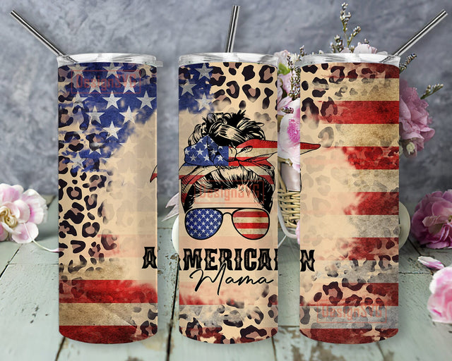 American Mama 20oz Tumbler Design, Messy Bun Mama Tumbler Png, USA Flag Leopard Tumbler Wrap, Patriotic Mama Sublimation Design, Digital Download Sublimation DesignSVG 