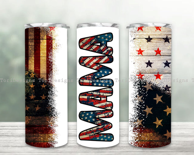 American MAMA, US Flag, Memorial Day Sublimation, Mama Fourth Of July 20oz Skinny Tumbler Wrap Designs Template PNG, Waterslide Tumblers Sublimation ToriDesigns 