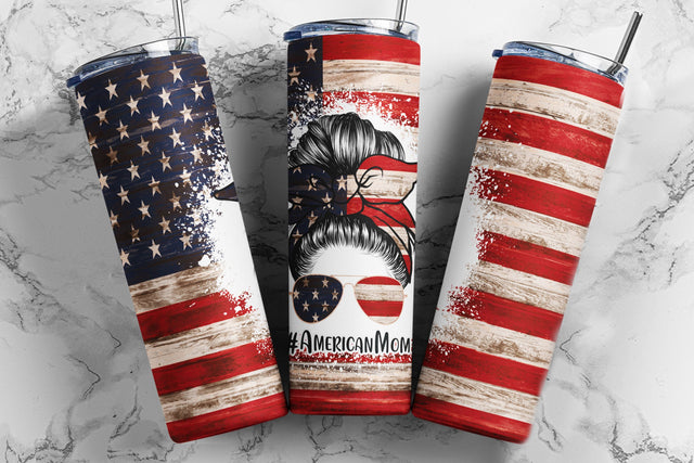 American Mom 20 Oz skinny tumbler Patriotic Mom USA Flag for Straight/Tapered 20 oz & 30 oz Tumbler Design PNG Sublimation TumblersByPhill 