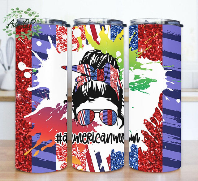 American Mom 20oz Skinny Tumbler, Messy Bun Mom Tumbler Design, Patriotic Mom Tumbler Png, 4th of July Design Tumbler, Digital Download Sublimation AdriOP 
