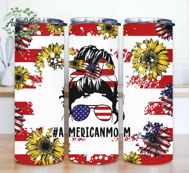 American Mom 20oz Skinny Tumbler, Messy Bun Mom Tumbler Png, American Flag Sunflower Tumbler Wrap, Patriot Mom Design Png, 4th of July Tumbler Template, Digital Download Sublimation AdriOP 