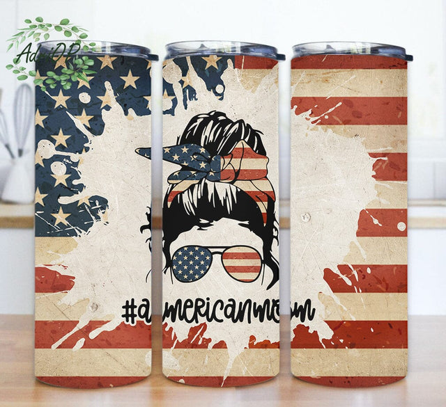 American Mom Design Png, Messy Bun Mom 20oz Skinny Tumbler, American Flag Tumbler Wrap, Patriot Mom Sublimation Design, Instant Download Sublimation AdriOP 