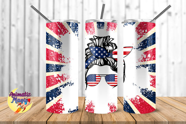 American Mom Messy Bun & Stripes 20 oz Skinny Tumbler Wrap Design for Sublimation Sublimation Sublimatiz Designs 