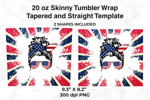 American Mom Messy Bun & Stripes 20 oz Skinny Tumbler Wrap Design for Sublimation Sublimation Sublimatiz Designs 