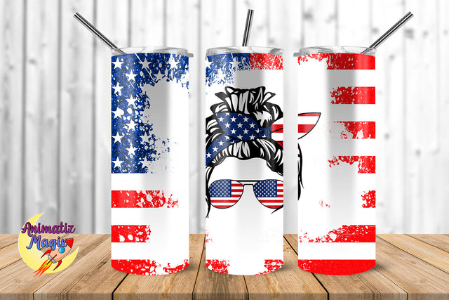American Mom Messy Bun & USA Flag 20 oz Skinny Tumbler Wrap Design for Sublimation Sublimation Sublimatiz Designs 