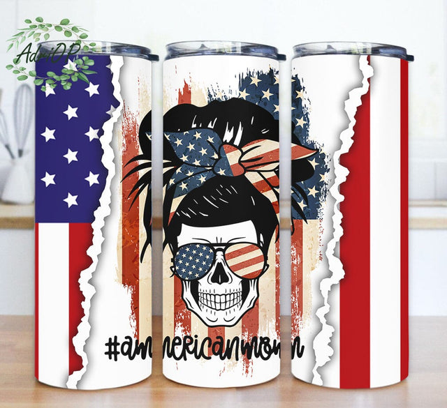 American Mom Tumbler Png, American Flag Tumbler Wrap, Bun Hair Mom Skull 20oz Skinny Tumbler, Patriotic Mom Design Png, Mother's Day Gift, Digital Download Sublimation AdriOP 