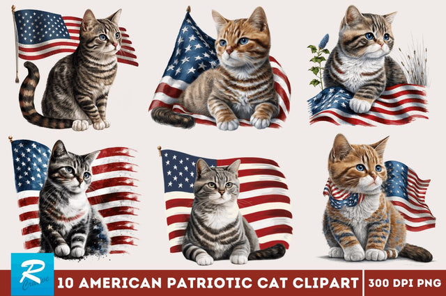 American Patriotic Cat Clipart Bundle Sublimation Regulrcrative 