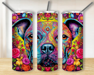 American Pit Bull Dog 20oz Skinny Tumbler Png, Colorful Pit Bull Flowers Tumbler, Sublimation Designs, Dog Tumbler Wrap Png, Dog, Neon Painted Pit Bull Tumbler Png Sublimation BouDesign 