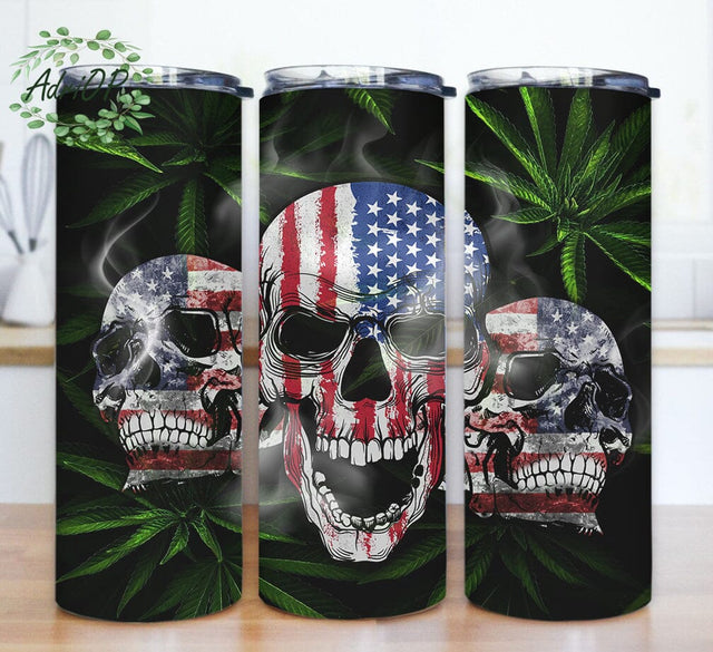 American Skull, Marijuana 20oz Skinny Tumbler Design, Cannabis Skull 20oz Tumbler Sublimation Sublimation AdriOP 