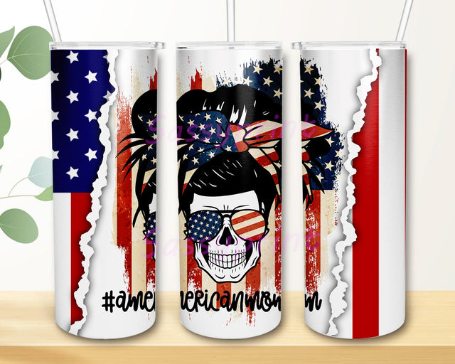 American Skull Messy Mom Life Bun Hair 20oz Skinny Tumbler Sublimation Designs Tumbler for Straight Sublimation sassyprint 
