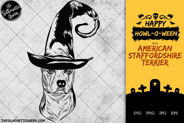 American Staffordshire Terrier dog svg portrait clipart vector graphic art Witch hat Halloween dog Cricut cut file cuttable design SVG Loveleen Kaur 