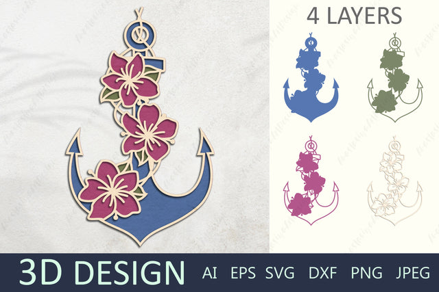 Anchor 3d layered svg, Flower anchor paper cut, Nautical svg design 3D Paper AnastasiyaArtDesign 