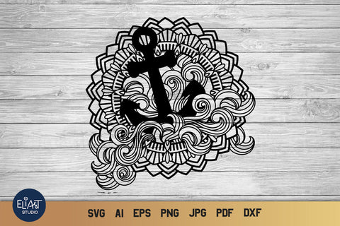 Anchor SVG Mandala, Nautical SVG with Waves and Mandala. SVG Elinorka 