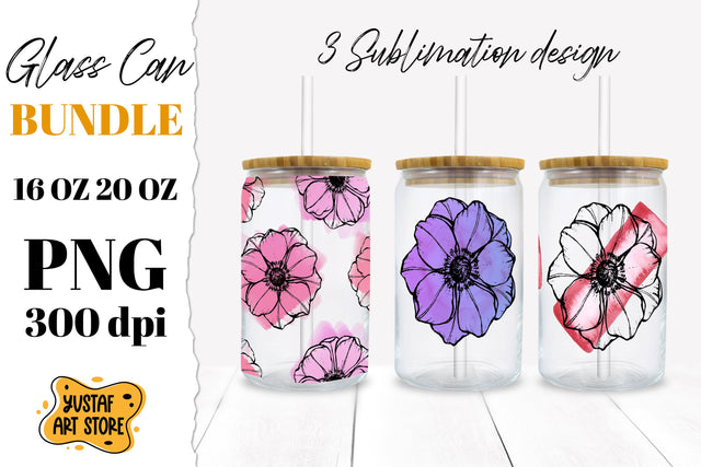 Anemone Flowers Glass Can Sublimation. 3 design Sublimation Yustaf Art Store 