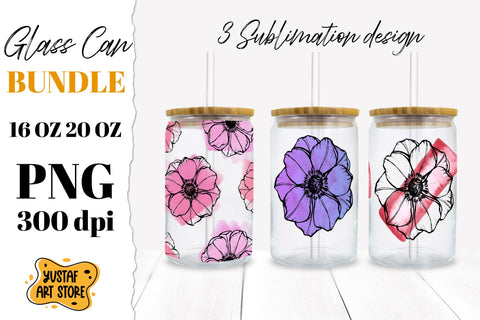 Anemone Flowers Glass Can Sublimation. 3 design Sublimation Yustaf Art Store 