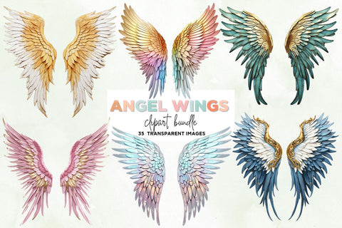 Angel Wings Clipart Bundle, 35 Transparent PNG Illustrations Sublimation BijouBay 
