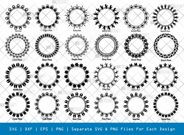 Animal Circle SVG, Circle Silhouette, Animal Paw Svg, Monogram Labels Svg, Animal Frame Svg, Round Shape Svg, Round Monogram Svg, Circle Bundle SVG ETC Craft 
