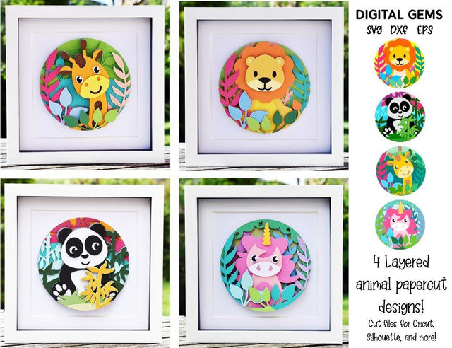 Animal Layered paper designs. Lion, Unicorn, Panda, Giraffe. SVG Digital Gems 