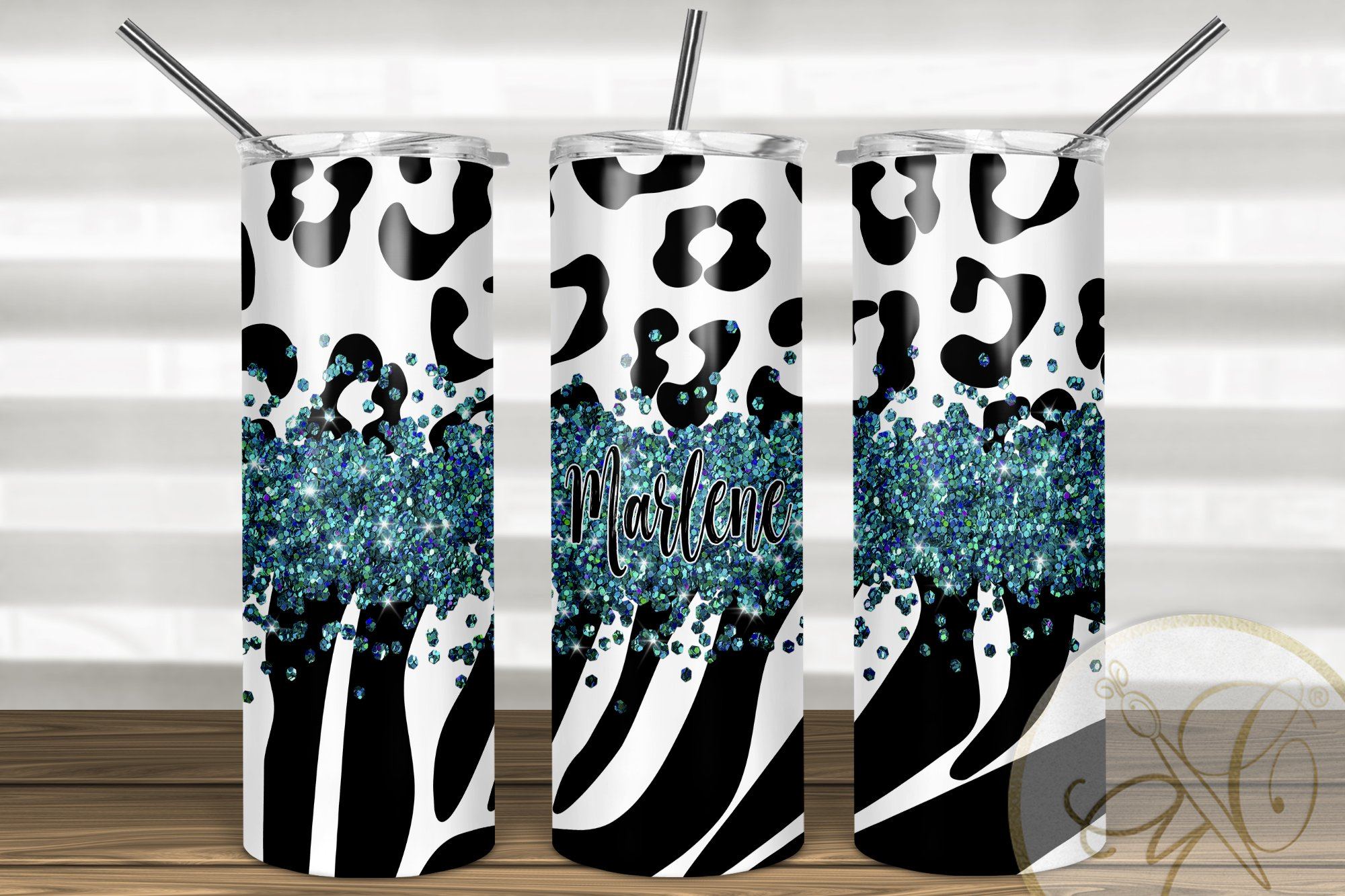 Animal Print 20oz Skinny Tumbler Sublimation Pattern Holographic Blue  Glitter - So Fontsy