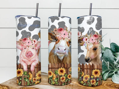 Animal Sunflower 20oz Skinny Tumbler Png, Cow Farm Animals Burlap Glitter Png, Sunflowers And Farm Animals Tumbler, Pig Tumbler, Watercolor Farm Animals Sublimation iStyleDesign 