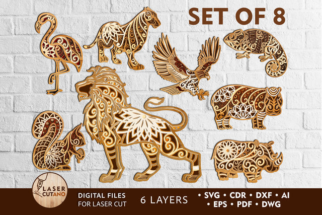 Animals Bundle, Set of 8 Multilayer Laser Cut Files, Mandala, SVG, 3D Designs, Mini Design Bundles SVG LaserCutano 