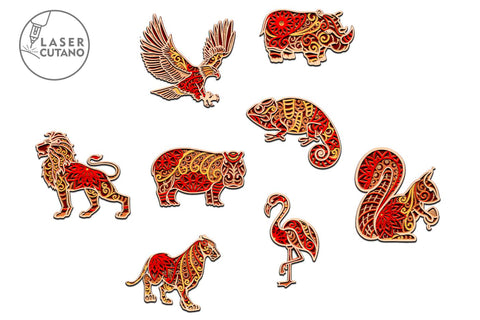 Animals Bundle, Set of 8 Multilayer Laser Cut Files, Mandala, SVG, 3D Designs, Mini Design Bundles SVG LaserCutano 