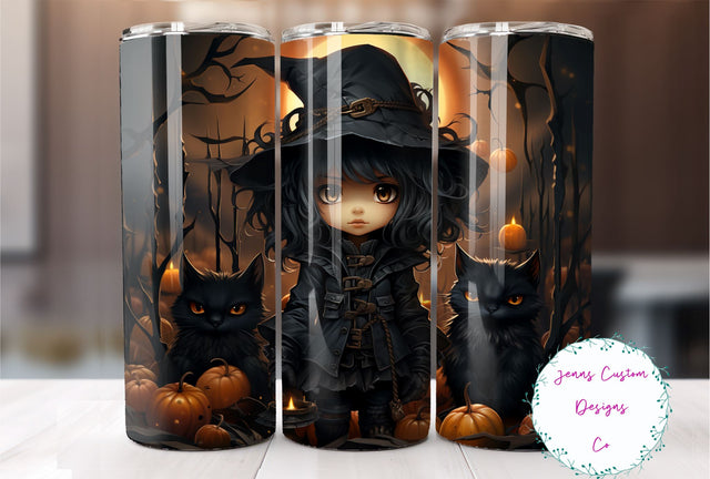 Anime Inspired Witch with Black Cats, Halloween 20 oz Skinny Tumbler Sublimation Design Digital Download PNG Instant DIGITAL ONLY, Straight tumbler wrap. Sublimation Jenn Driscoll 