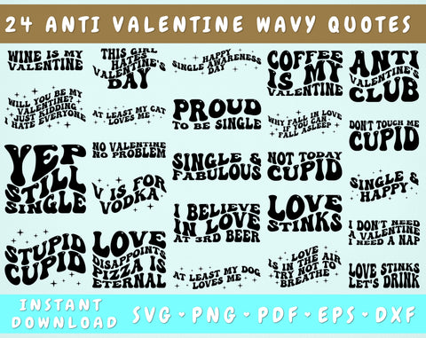 Anti Valentine's Day Wavy Quotes SVG Bundle, 24 Designs, Anti Valentine Groovy SVG, Funny Valentine Quotes SVG, PNG SVG HappyDesignStudio 