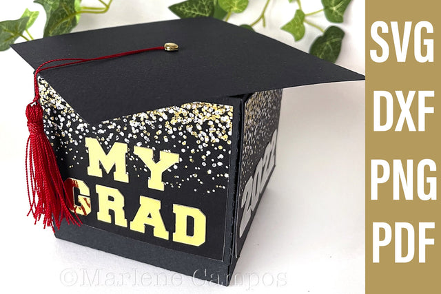 ANY YEAR Graduation Cap Gift Box | Die Cut Files | SVG, DXF | Black | Free Tutorial SVG Marlene Campos 