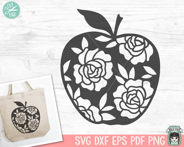 Apple SVG file, Floral Apple SVG, Teacher Gift svg, Teacher Shirt svg, Apple Silhouette svg, Back to School, Fall, Autumn svg, Flowers svg SVG Wild Pilot 