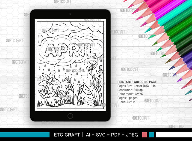 April Month Printable Coloring Page, PDF Colouring Book, Instant Download, CBP00014 SVG ETC Craft 