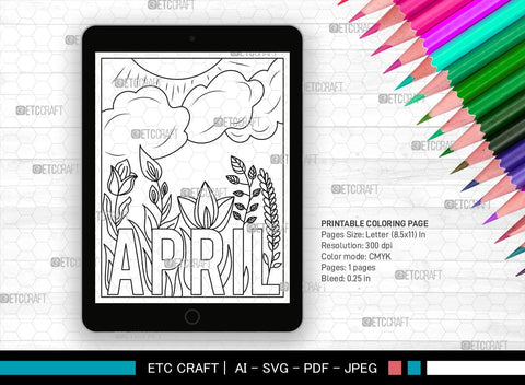 April Month Printable Coloring Page, PDF Colouring Book, Instant Download, CBP00014 SVG ETC Craft 