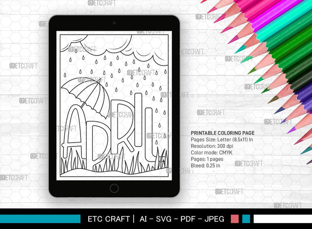 April Month Printable Coloring Page, PDF Colouring Book, Instant Download, CBP00014 SVG ETC Craft 