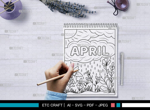 April Month Printable Coloring Page, PDF Colouring Book, Instant Download, CBP00014 SVG ETC Craft 