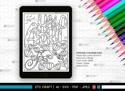 April Month Printable Coloring Page, PDF Colouring Book, Instant Download, CBP00014 SVG ETC Craft 