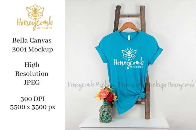 Aqua Bella Canvas 3001 Mockup, Hanging Mockup, Ladder Mockup, Summer Mockup, Spring Mockup, Women's Aqua T-Shirt Mockup Mock Up Photo Honeycomb Mockups 