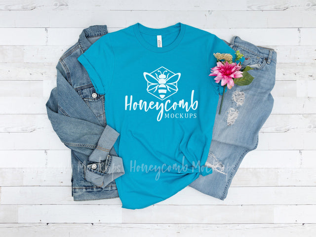 Aqua Bella Canvas 3001 Mockup, Women's Aqua T-Shirt Mockup Mock Up Photo Honeycomb Mockups 